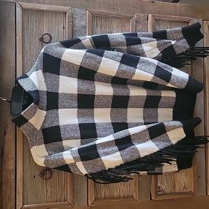 Ralph Lauren Black/Wht Checked Sweater, High Neck Under arm fringe, Med